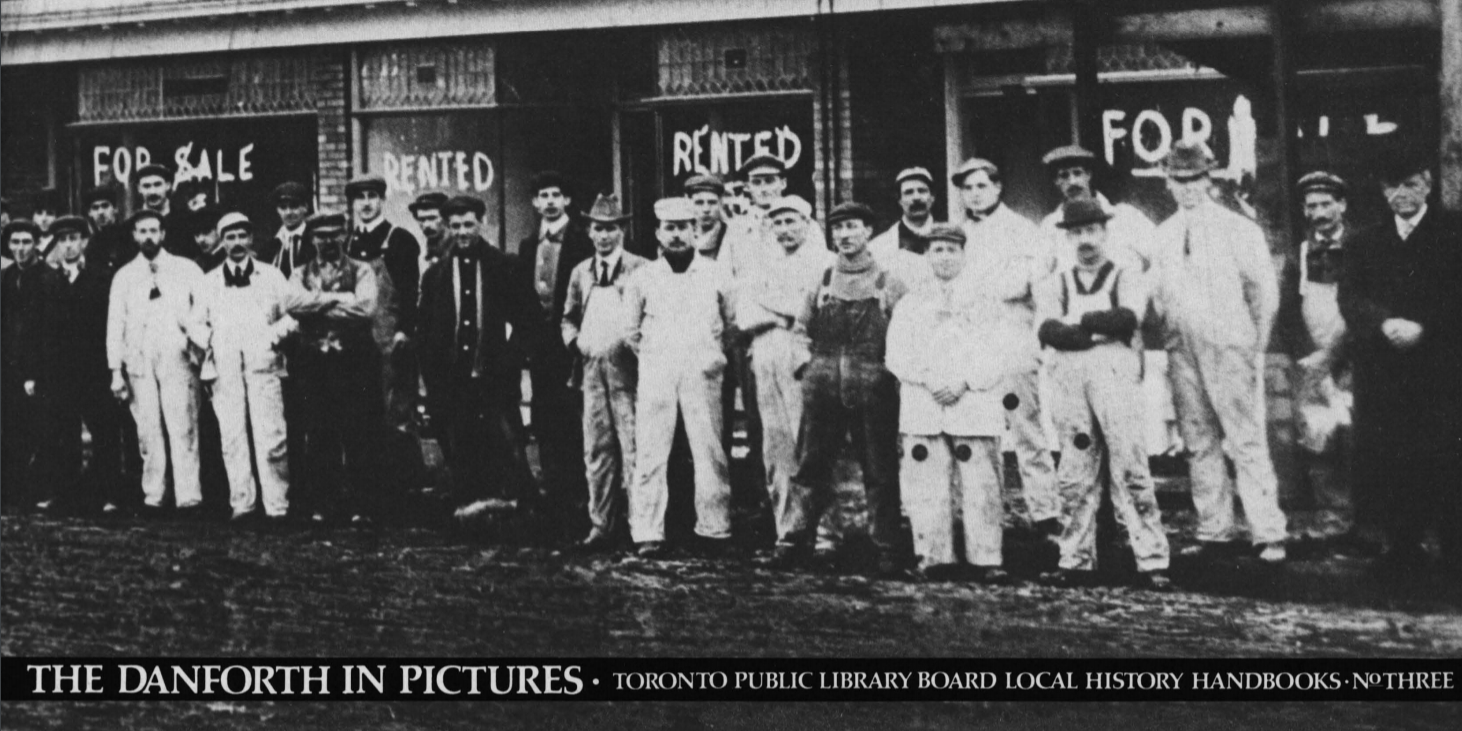 Portion of book cover showing vintage photos men lined up in front of stores for sale or rented
