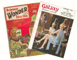 Two vintage pulp magazine covers with science fiction illustrations 