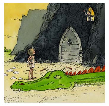 Illustration of paperbag princess with dragon and a castle
