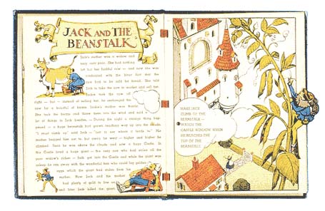 opened book with chapter title jack and the beanstalk and illustrations popping out of page