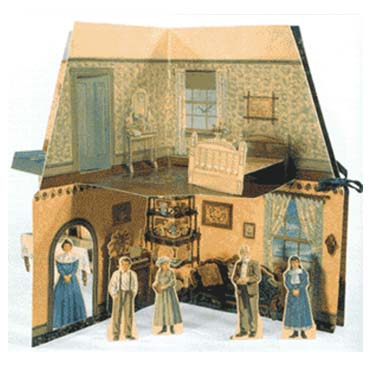 Paper dollhouse with small figures standing inside