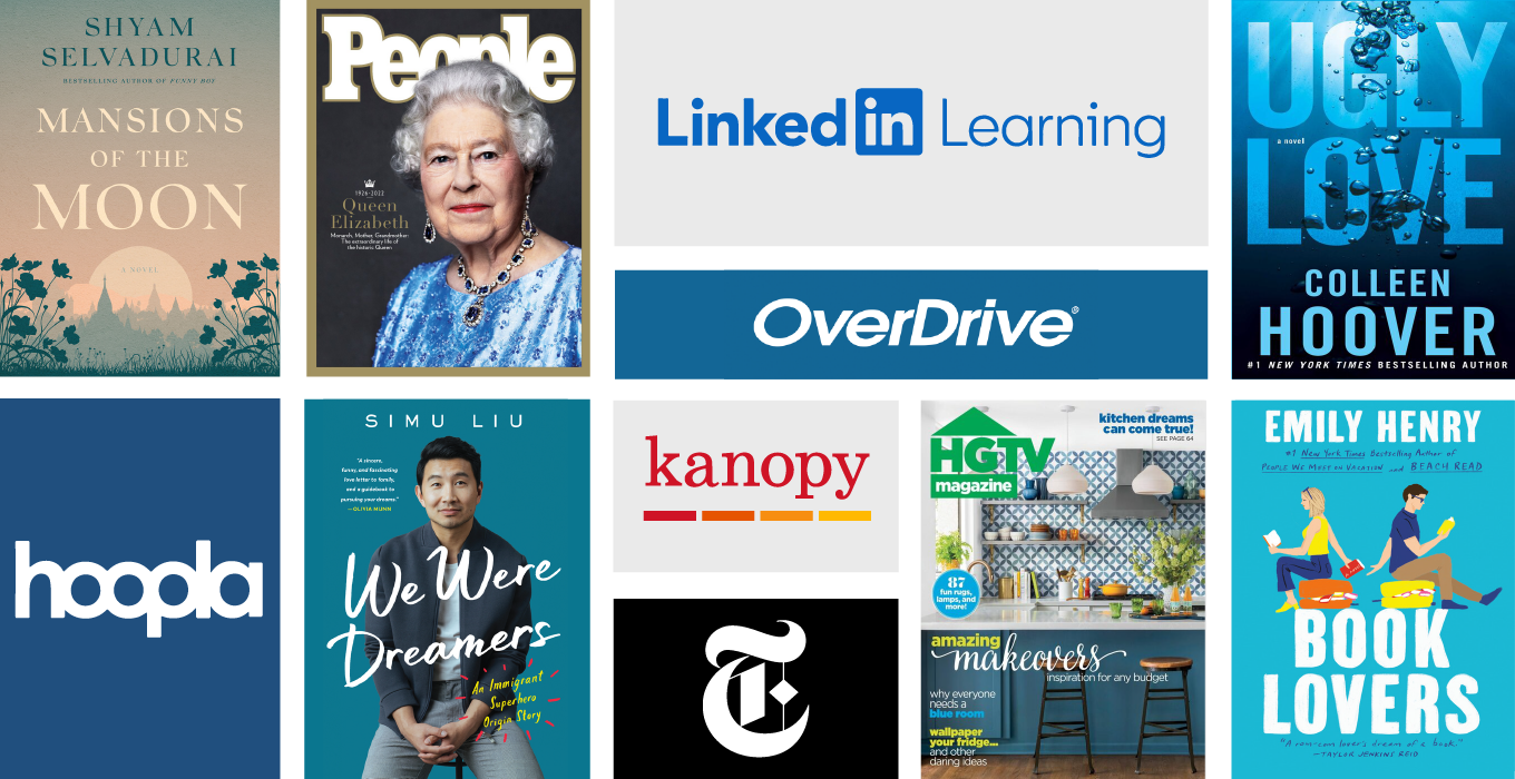 Compilation of LinkedIn Learning, Overdrive, Hoopla, Kanopy, and New York Times logos, and book and magazine covers to show the range of digital resources available with a Digital Access Card.